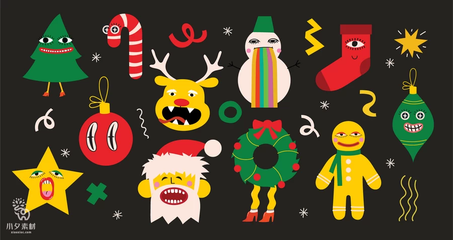 圣诞节圣诞老人圣诞树姜饼屋平安夜元素贴纸图案AI矢量设计素材【002】